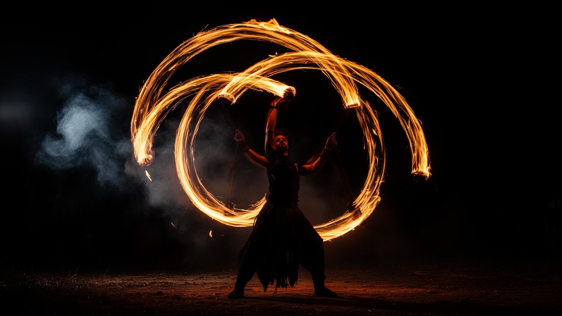 Fire performer spinning flaming poi at night